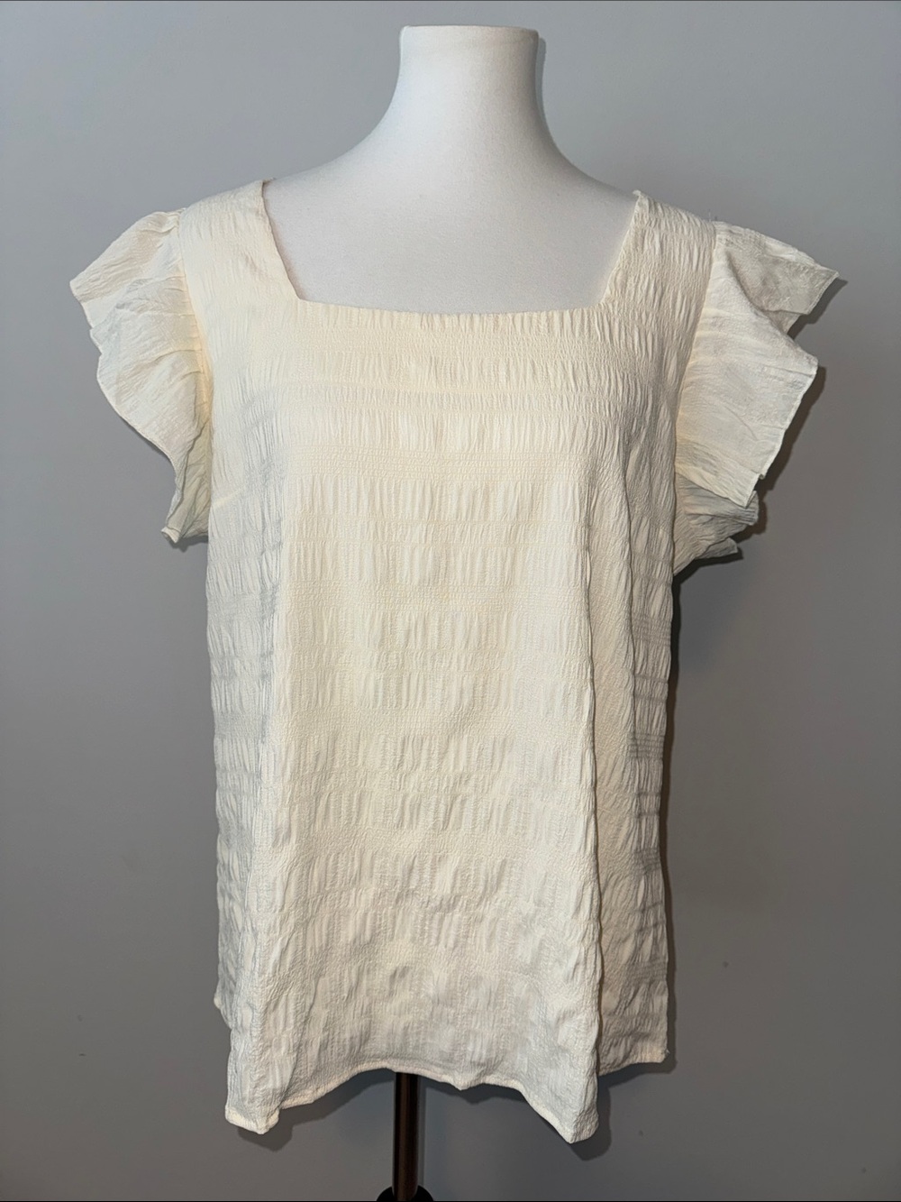 Summer Beige Ruffled Sleeve Square Neck Chiffon Blouse Top Women's Large
